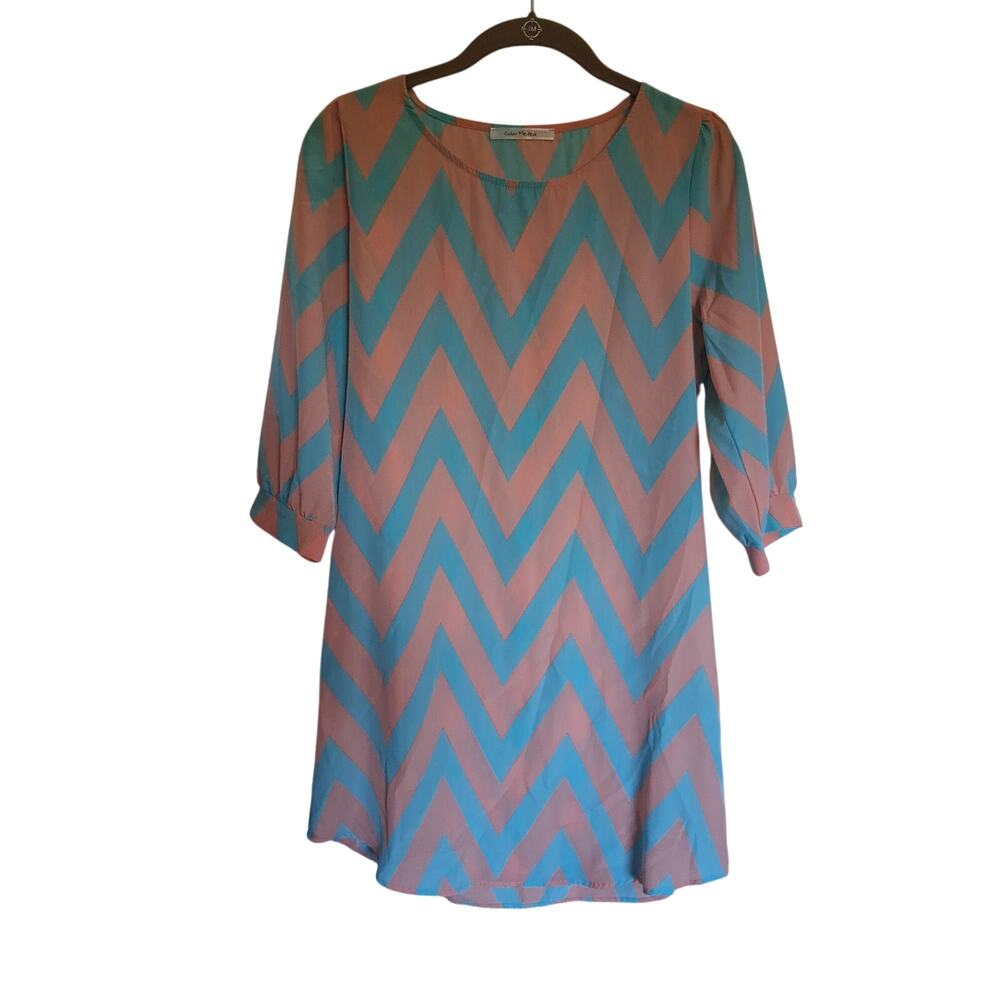Color Me Red S Coral Turquoise Chevron Shift Dress 3/4 Sleeve Made USA